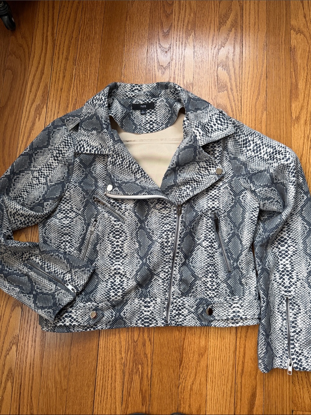 Fate Snake-Print Faux Leather Biker Jacket in Black and Gray